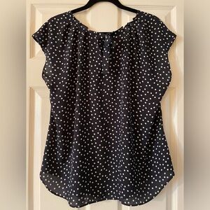 LC Lauren Conrad Navy and White Polka Dot ruffle neck blouse XL
